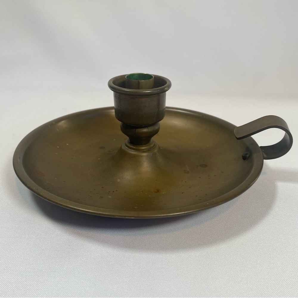 Large Vintage Brass Chamber Candle Holder with Curved Finger Loop.